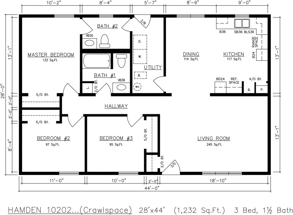 Hamden 44’x28′ 1232 SF 3 Bed 1.5 Bath – General Housing Corporation